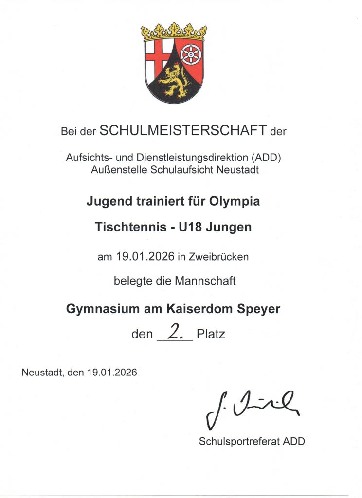 Urkunde des Regionalentscheids im Tischtennis (Januar 2026)
